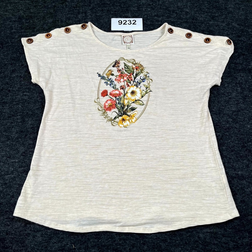 Tru Self T Shirt Womens L Beige Cotton Floral Graphic Round Neck Button Shoulder